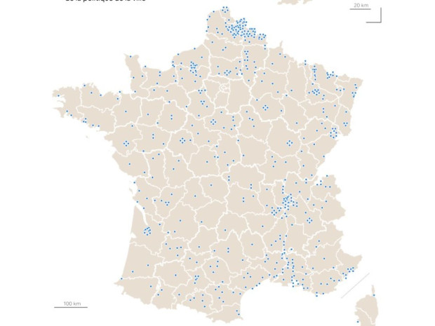 Carte de France 2024 des communes comportant au moins un quartier prioritaire de la politique de la ville