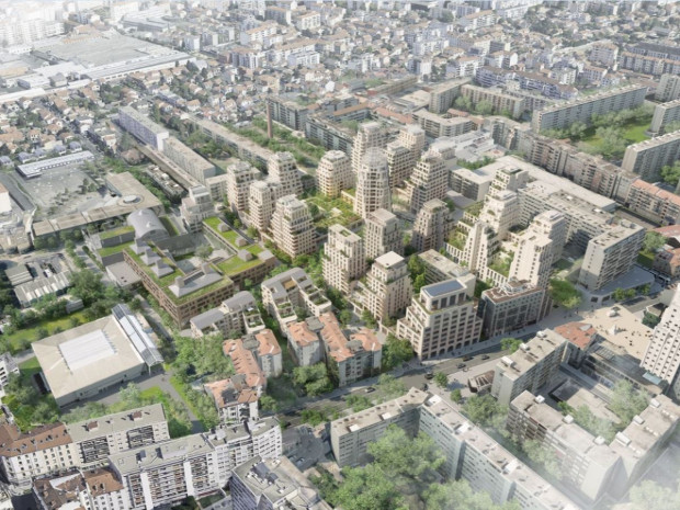 Perspective non contractuelle du futur quartier avec les 4 îlots construits Gratte-ciel