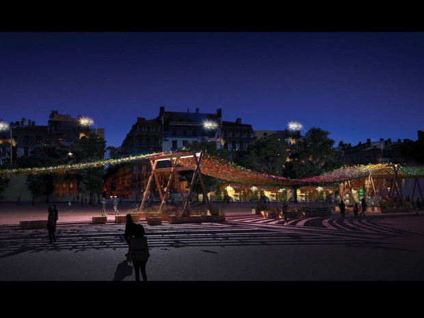 Projet "Tissage Urbain" - Place Bellecour Lyon de nuit